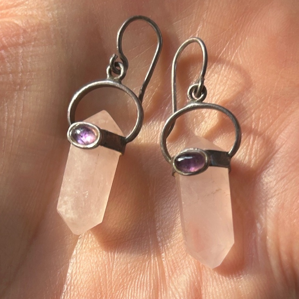 925s sterling silver Rose Quartz Crystal point Earrings + amethyst